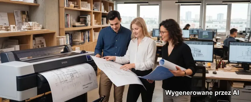 Zespół biura projektowego przegląda plany architektoniczne przy ploterze wielkoformatowym