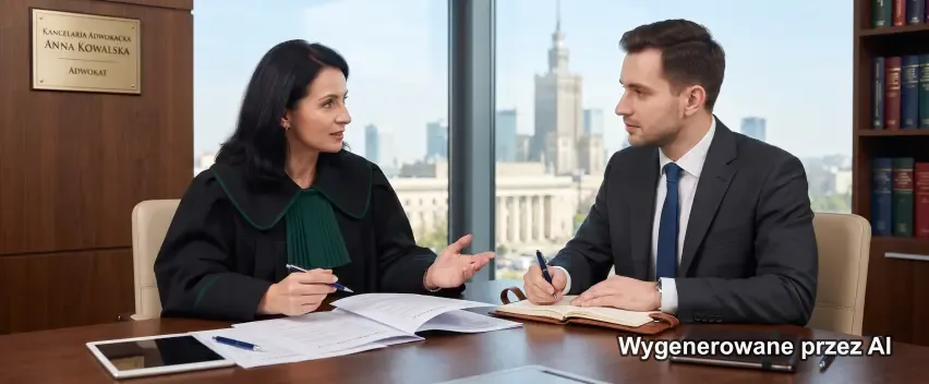 Prawnicy analizujący dokumenty przy biurku, w tle drukarka HP