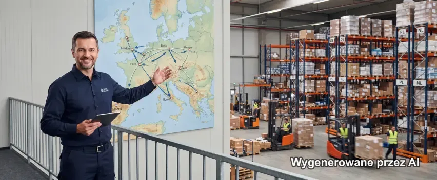 Mapa sieci dostaw w Europie nad magazynem z paletami towaru