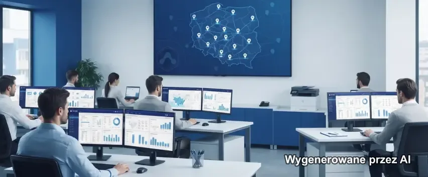 Biuro z wieloma stanowiskami komputerowymi i ekranem z mapą lokalizacji sieci placówek